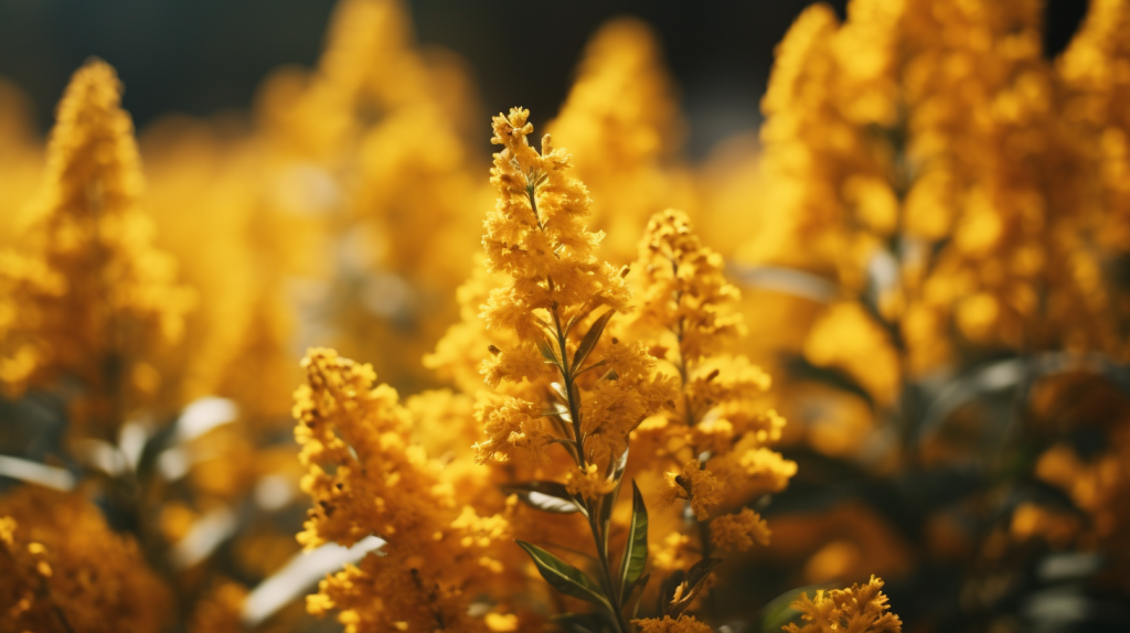 A close-up of Goldenrod flowers swaying gently in the autumn breeze.