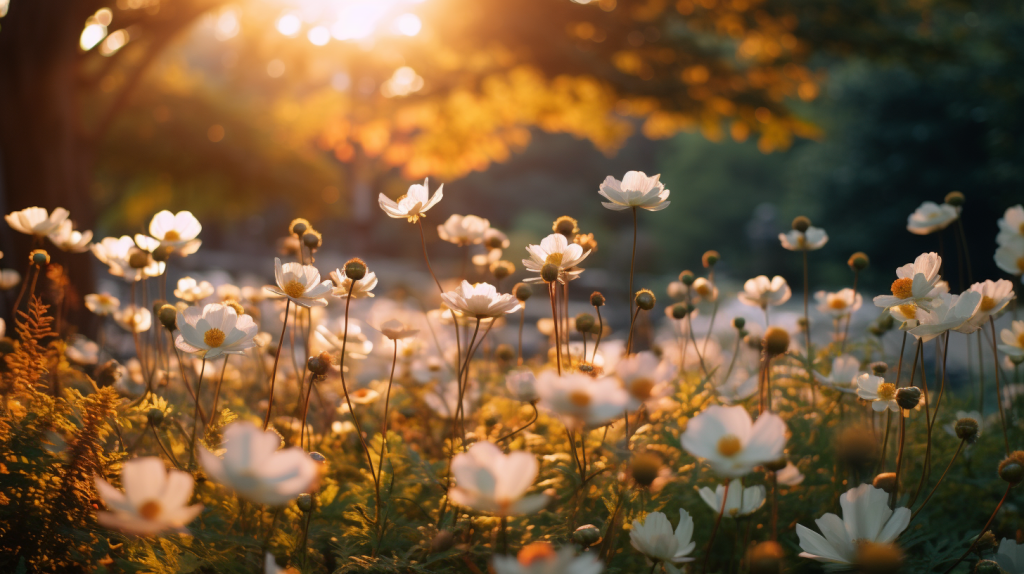 A close-up of a Japanese Anemone, the soft light of a setting sun illuminating its petals.