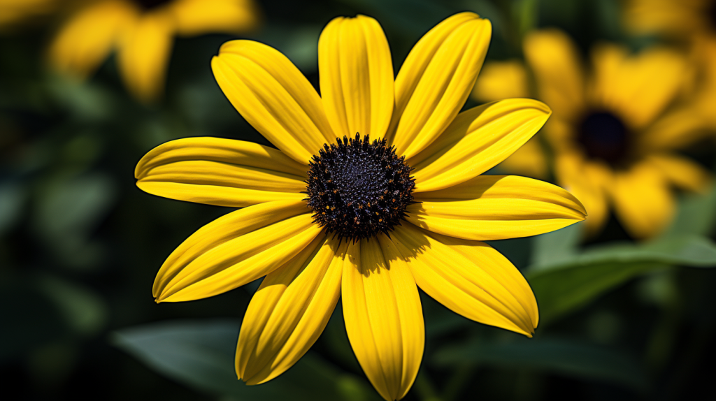 A close-up of a single Black-eyed Susan flower, showing its bright yellow petals and dark brown center