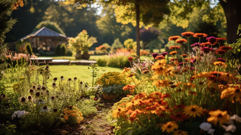 A panoramic view of a garden in the fall showcasing a profusion of Rudbeckias mixed with other fall flowers.