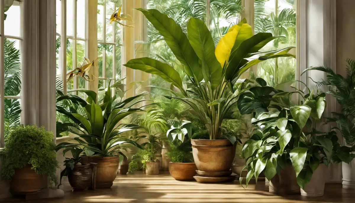 A tropical houseplant with yellowing leaves, surrounded by gardening tools.