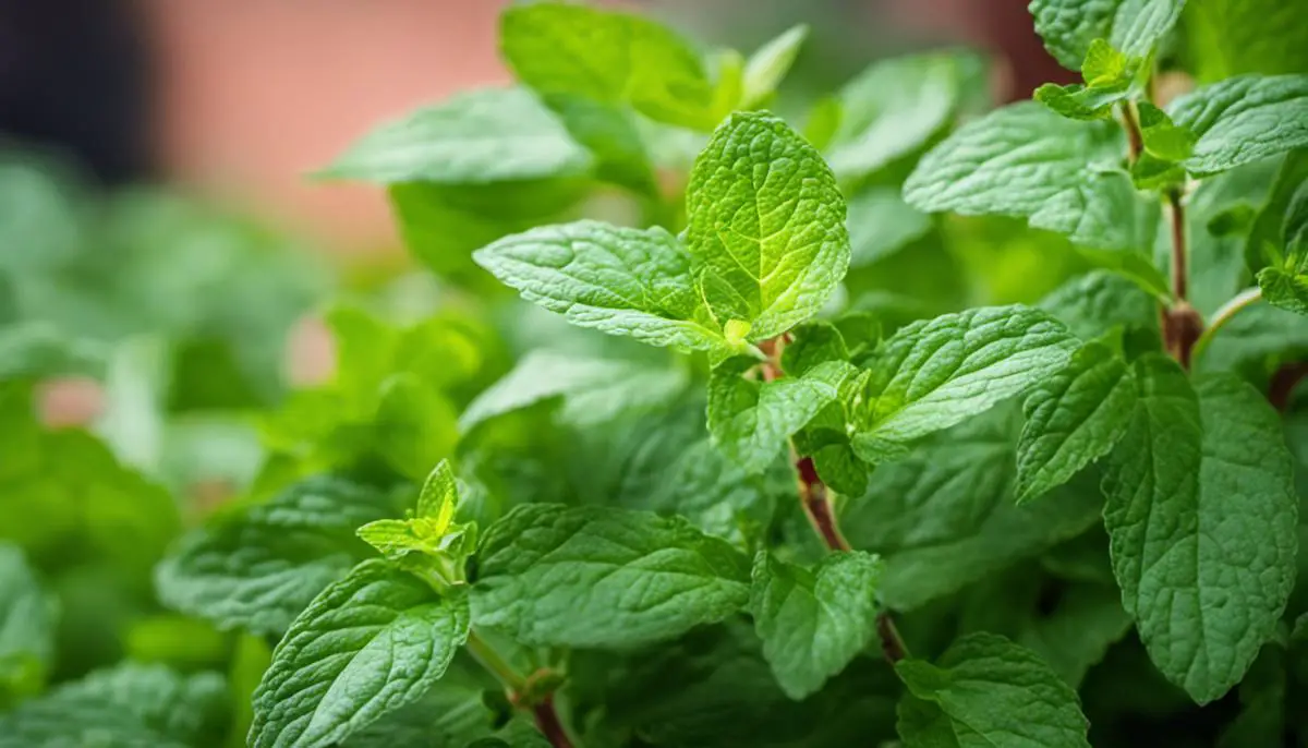 A close-up image of a fresh mint plant in a kitchen herb garden, with its vibrant green leaves and aromatic scent.