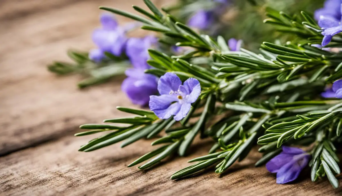 A sprig of rosemary, a perennial evergreen shrub with beautiful blue flowers and aromatic leaves, symbolizing its multiple uses and robust aroma.