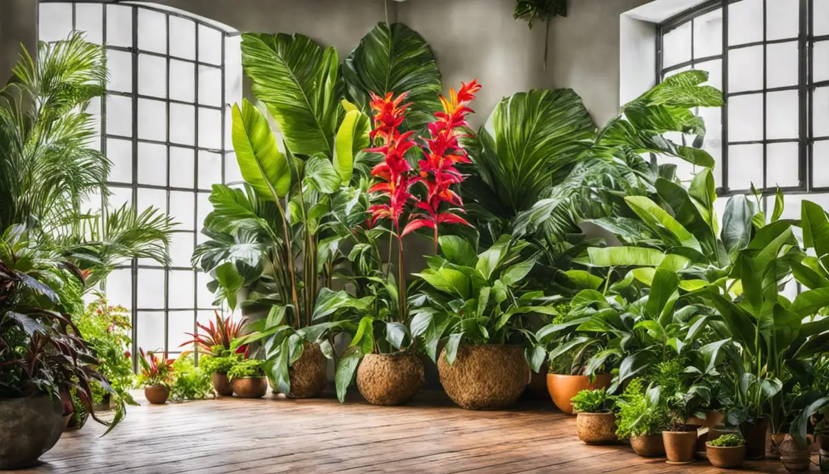 Image of various tropical plants in a well-lit room with vibrant green leaves and colorful flowers.