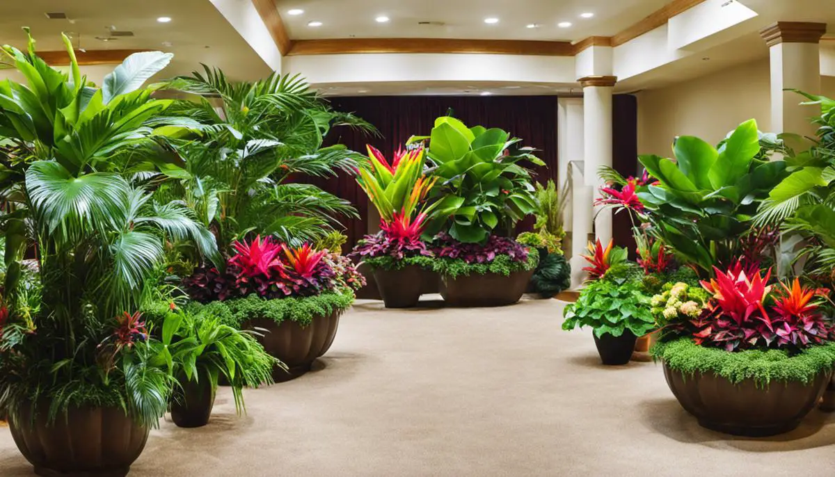 A variety of tropical plants in indoor containers, showcasing their vibrant colors and different leaf shapes.