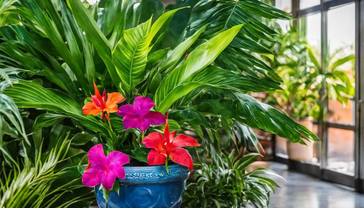 A brightly colored tropical plant in a pot with lush green leaves, adding vibrancy to an indoor space